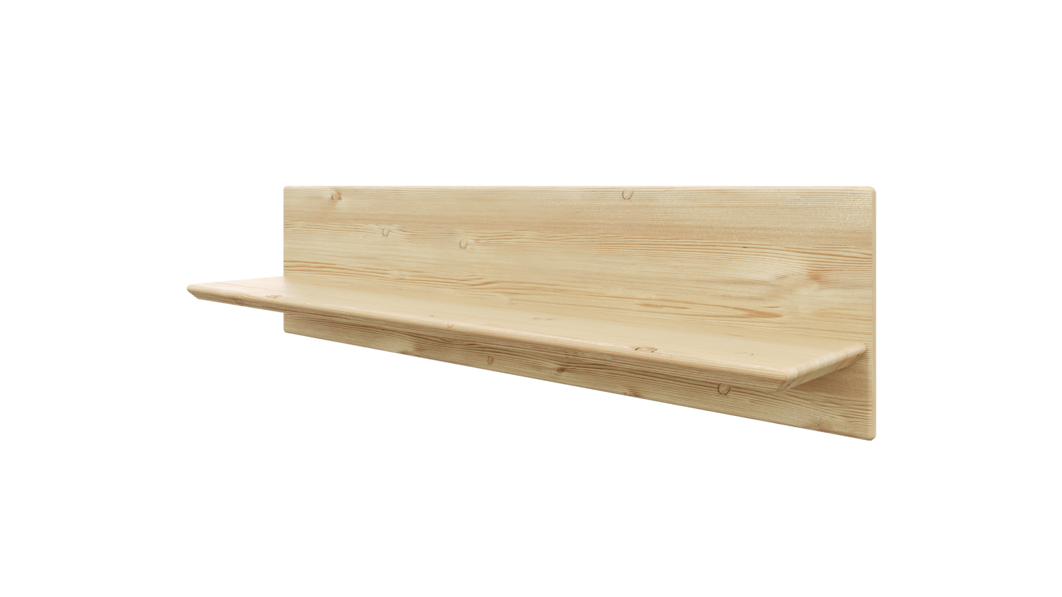 Angle view of the 80 cm Rohe Air wall shelf, made of light-coloured, raw solid pine wood, shown against a white background.
