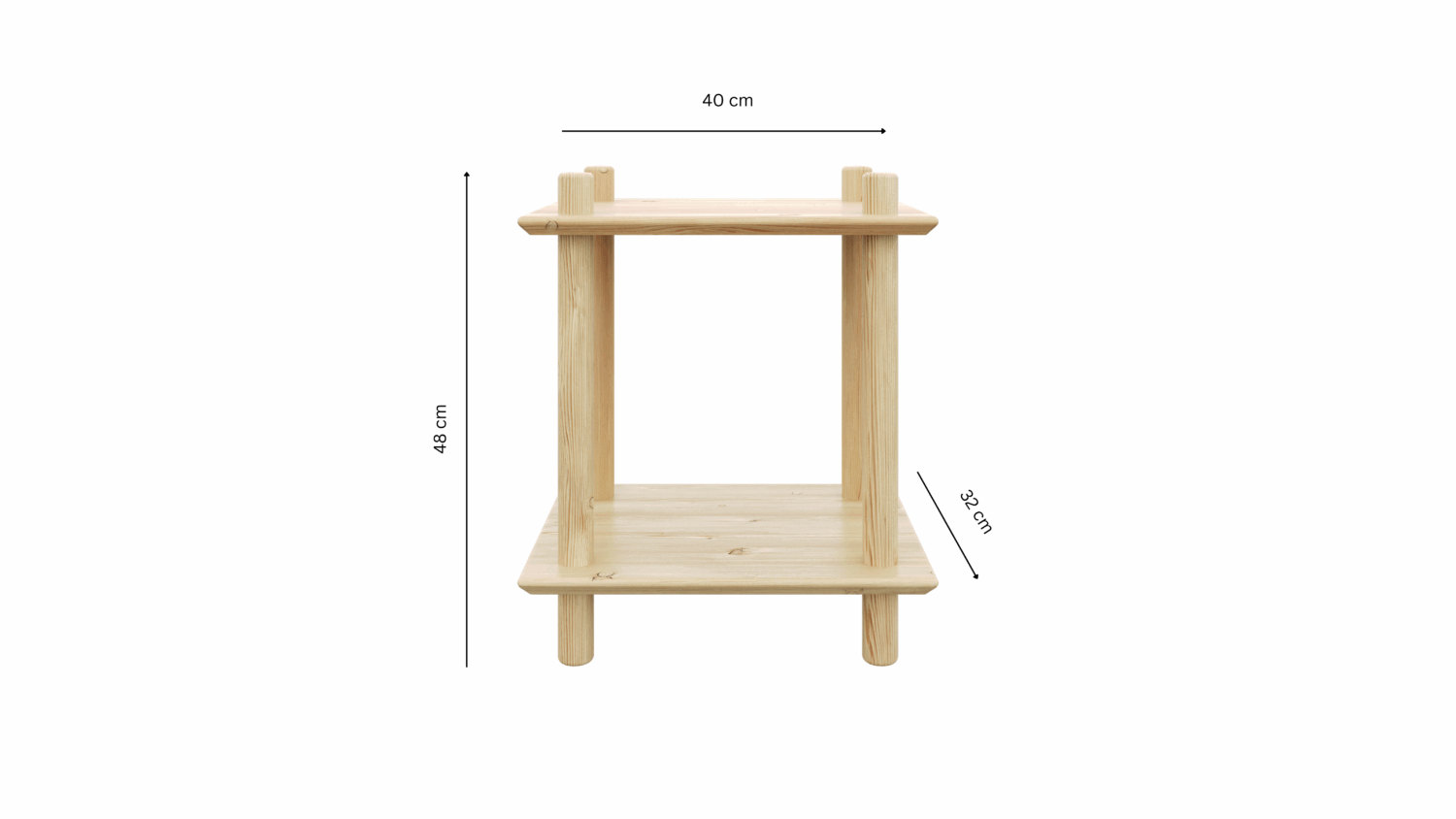 Studio view of the ROHE Air two-tiered shelf, displaying its key dimensions: 40 cm width, 48 cm height, and 32 cm vertical spacing between shelves.
