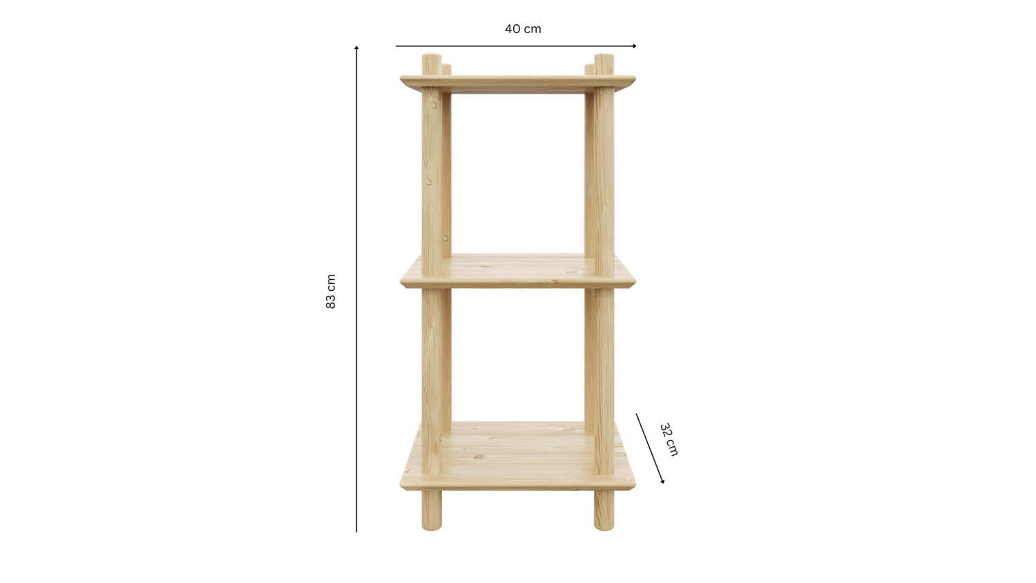 Technical studio view of the raw pine Air Shelf narrow three-tiered modular unit, displaying its key dimensions: 40 cm width, 83 cm height, and 32 cm shelf depth.