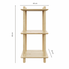 Technical studio view of the raw pine Air Shelf narrow three-tiered modular unit, displaying its key dimensions: 40 cm width, 83 cm height, and 32 cm shelf depth.