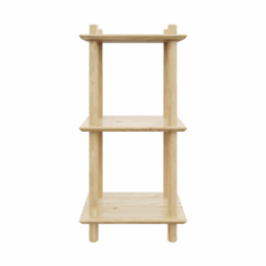 Clean frontal studio view of the raw pine Air Shelf narrow three-tiered modular unit, showcasing the simple construction and space-saving design on a white background.