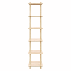 Clean frontal studio view of the tall, raw pine Air Shelf six-tiered modular unit, showcasing the simple construction and maximum vertical stacking on a white background.