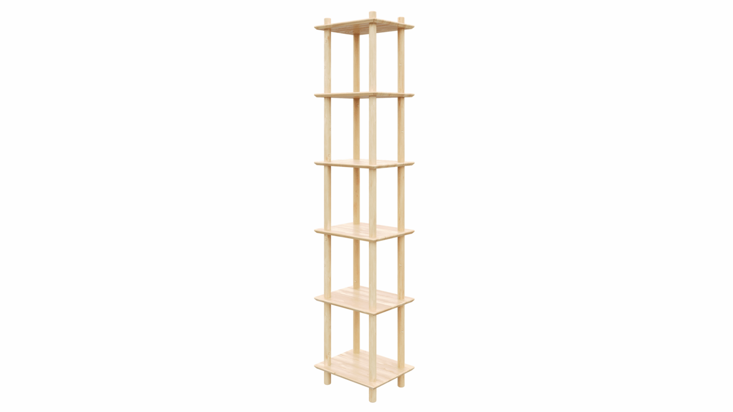 Angled studio view of the tall, raw pine Air Shelf six-tiered modular unit, showcasing the simple construction and impressive vertical stacking on a white background.
