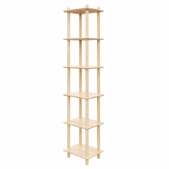 Angled studio view of the tall, raw pine Air Shelf six-tiered modular unit, showcasing the simple construction and impressive vertical stacking on a white background.