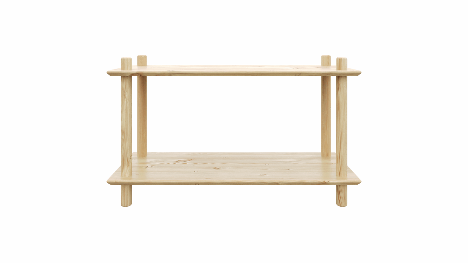 Clean frontal studio view of the wide raw pine Air Shelf two-tiered modular unit, showcasing the simple construction and expansive display area on a white background.