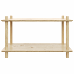 Clean frontal studio view of the wide raw pine Air Shelf two-tiered modular unit, showcasing the simple construction and expansive display area on a white background.