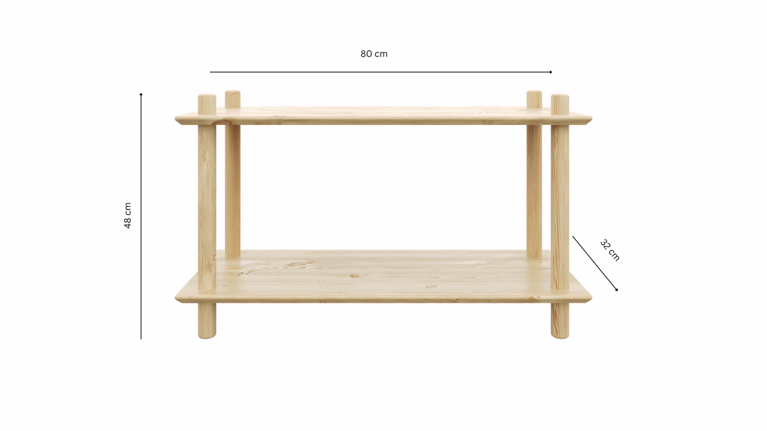Technical studio view of the wide raw pine Air Shelf two-tiered modular unit, displaying its key dimensions: 80 cm width, 48 cm height, and 32 cm shelf depth.