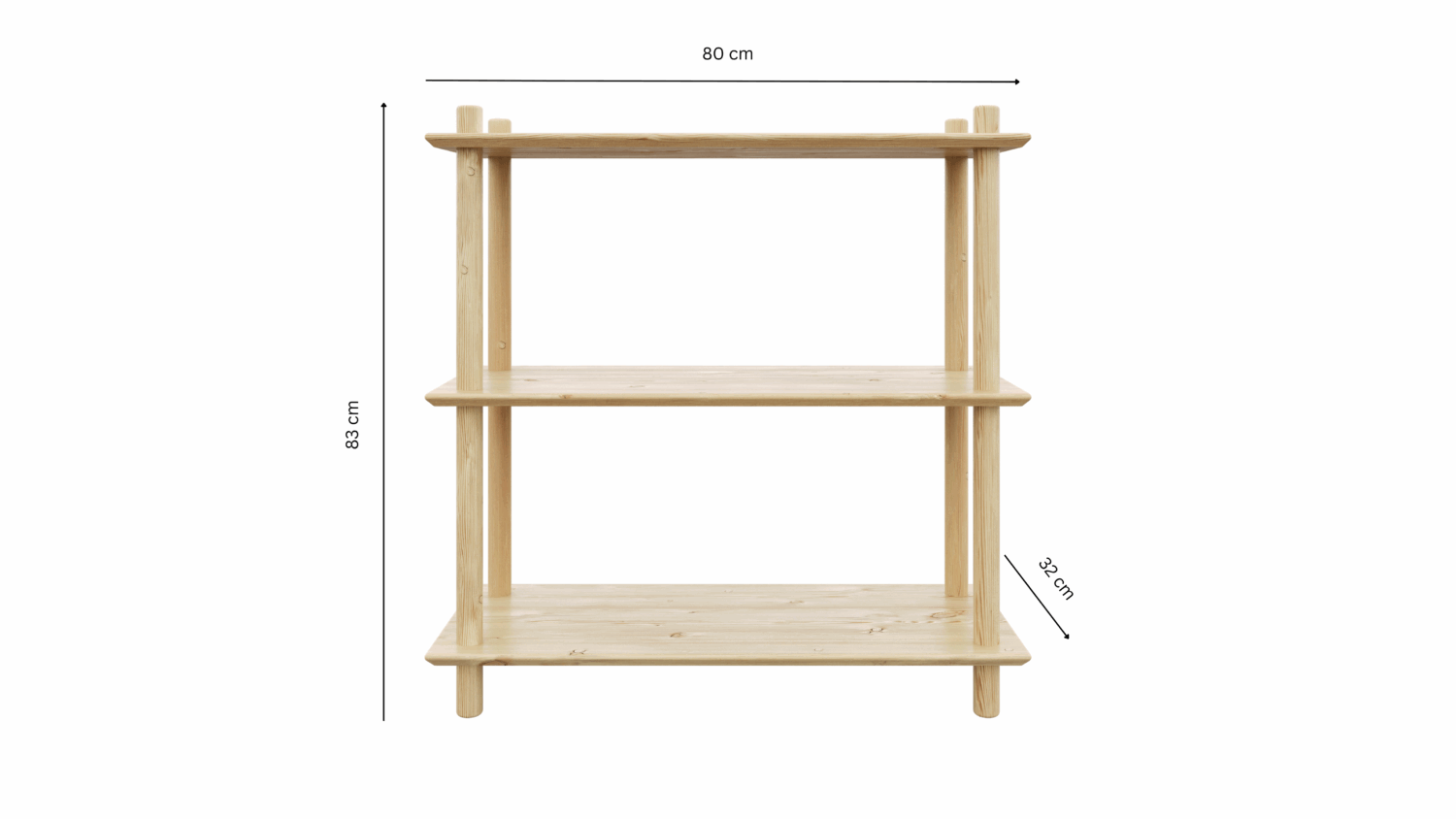 Studio view of the raw pine Air Shelf wide three-tiered modular unit, displaying its key dimensions: 80 cm width, 83 cm height, and 32 cm shelf depth.