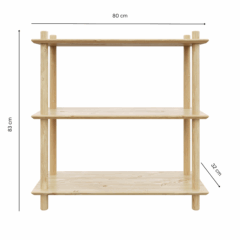 Studio view of the raw pine Air Shelf wide three-tiered modular unit, displaying its key dimensions: 80 cm width, 83 cm height, and 32 cm shelf depth.