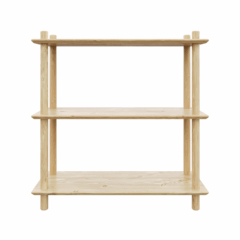 Clean frontal studio view of the raw pine Air Shelf wide three-tiered modular unit, showcasing the simple construction and three spacious, equally-sized shelves on a white background.