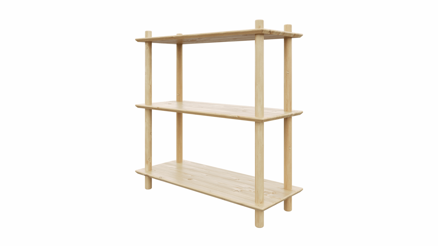 Angled studio view of the raw pine Air Shelf wide three-tiered modular unit, showcasing the simple construction and three spacious, equally-sized shelves on a white background.