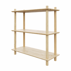 Angled studio view of the raw pine Air Shelf wide three-tiered modular unit, showcasing the simple construction and three spacious, equally-sized shelves on a white background.