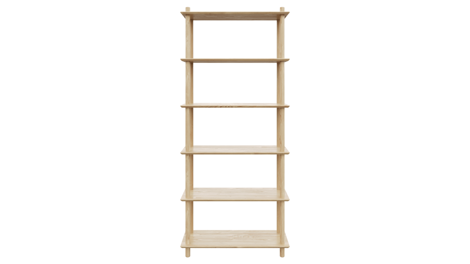 Clean frontal studio view of the tall, raw pine Air Shelf six-tiered modular unit, showcasing the simple construction and maximum vertical stacking on a white background.