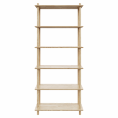 Clean frontal studio view of the tall, raw pine Air Shelf six-tiered modular unit, showcasing the simple construction and maximum vertical stacking on a white background.