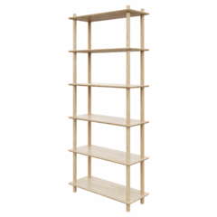 Angled studio view of the tall, raw pine Air Shelf six-tiered modular unit, showcasing the simple construction and impressive vertical stacking on a white background.