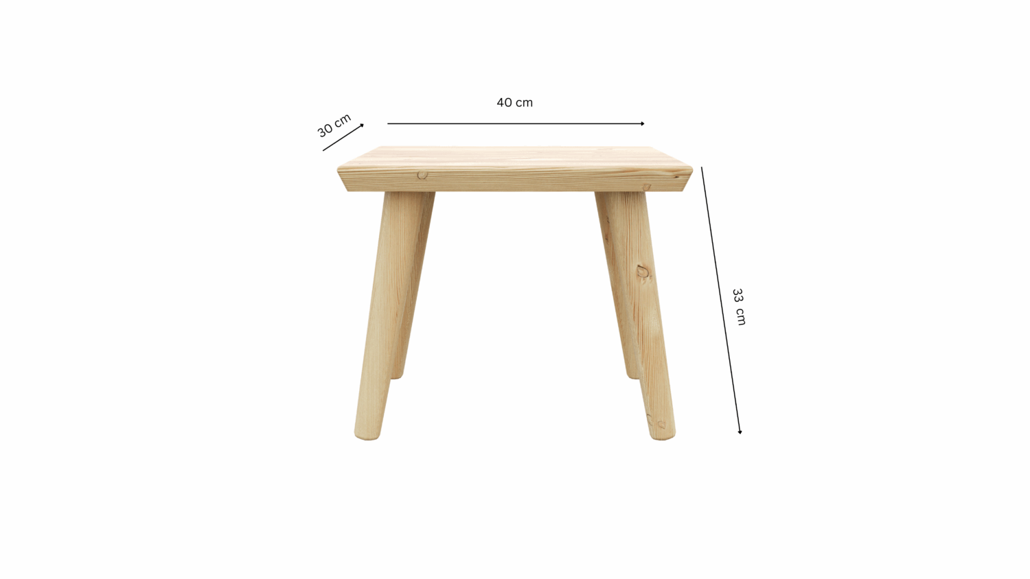 Front view of an untreated light pine 'Air' stool, with clear measurement labels: 40 cm width, 30 cm depth, and 33 cm height, on a white background.
