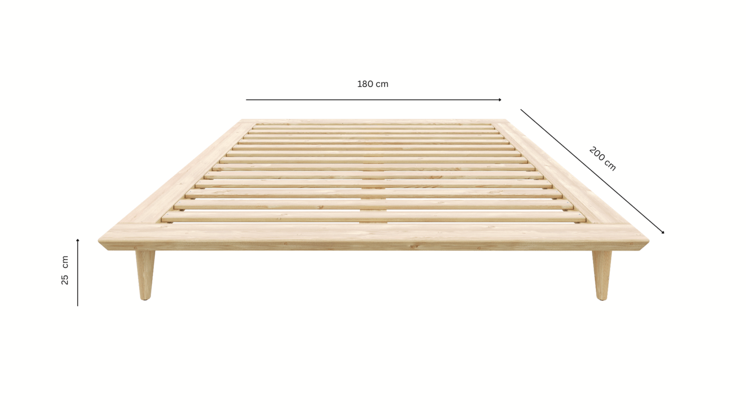 Front view of an untreated light pine Air bed frame 180x200 cm, with measurement labels showing a height of 25 cm, and a top surface suitable for a 160x200 cm mattress.