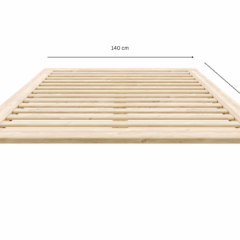 Front view of an untreated light pine Air bed frame with measurement labels: 140 cm width, 200 cm length, and 25 cm height, on a white background.