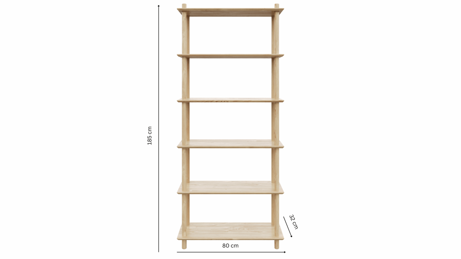 Studio view of the tall, raw pine Air Shelf wide six-tiered modular unit, displaying its key dimensions: 80 cm width, 185 cm height, and 32 cm shelf depth.