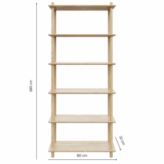 Studio view of the tall, raw pine Air Shelf wide six-tiered modular unit, displaying its key dimensions: 80 cm width, 185 cm height, and 32 cm shelf depth.