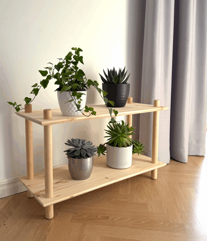 Lifestyle shot of the raw pine Air Shelf wide two-tiered modular unit, filled with four potted houseplants (ivy, succulents) against a white wall and grey curtain, on a light wooden floor.