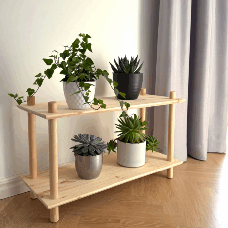 Lifestyle shot of the raw pine Air Shelf wide two-tiered modular unit, filled with four potted houseplants (ivy, succulents) against a white wall and grey curtain, on a light wooden floor.
