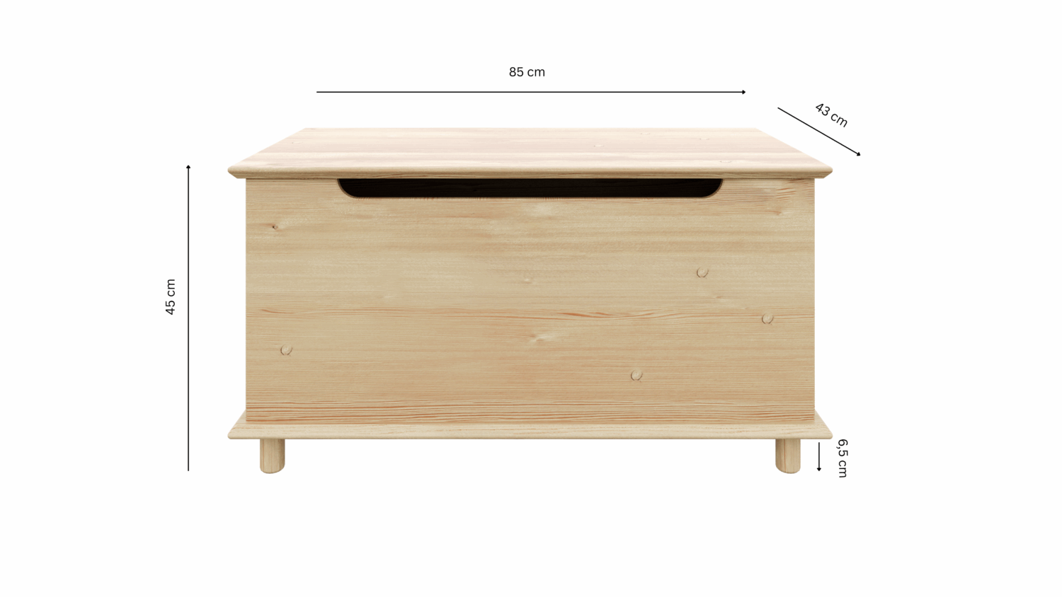 Front view of an untreated light pine Air chest with measurement labels: 85 cm width, 43 cm depth, 45 cm height, and 6.5 cm leg height, on a white background.