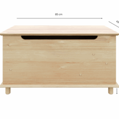 Front view of an untreated light pine Air chest with measurement labels: 85 cm width, 43 cm depth, 45 cm height, and 6.5 cm leg height, on a white background.